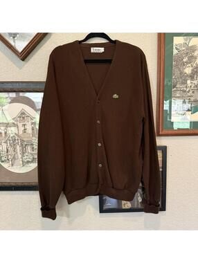 Vintage 90s Lacoste Izod Brown Knit Button Down Designer Cardigan Sweater Sz XL